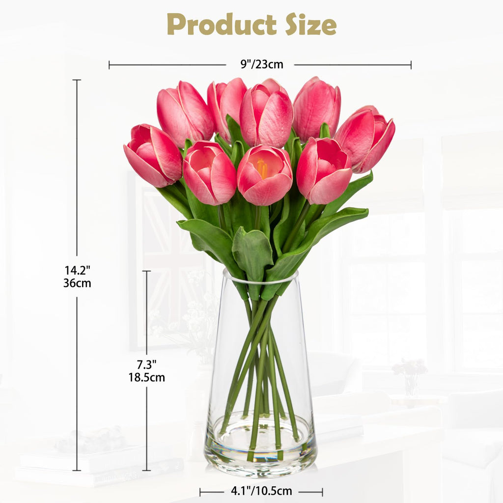 Fake Tulips Artificial Tulip Flowers in Glass Vase with Faux Water, 14.2" Real Touch Pink Tulip Flowers Spring Décor