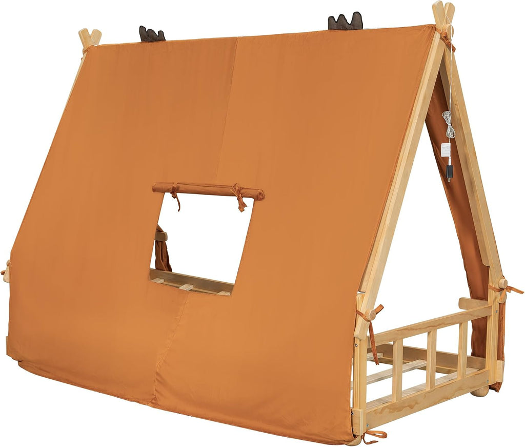 Twin Size House Bed with Tent & Light, Wooden Full Montessori Floor Beds for Kids with Roof, DIY Playhouse, No Box