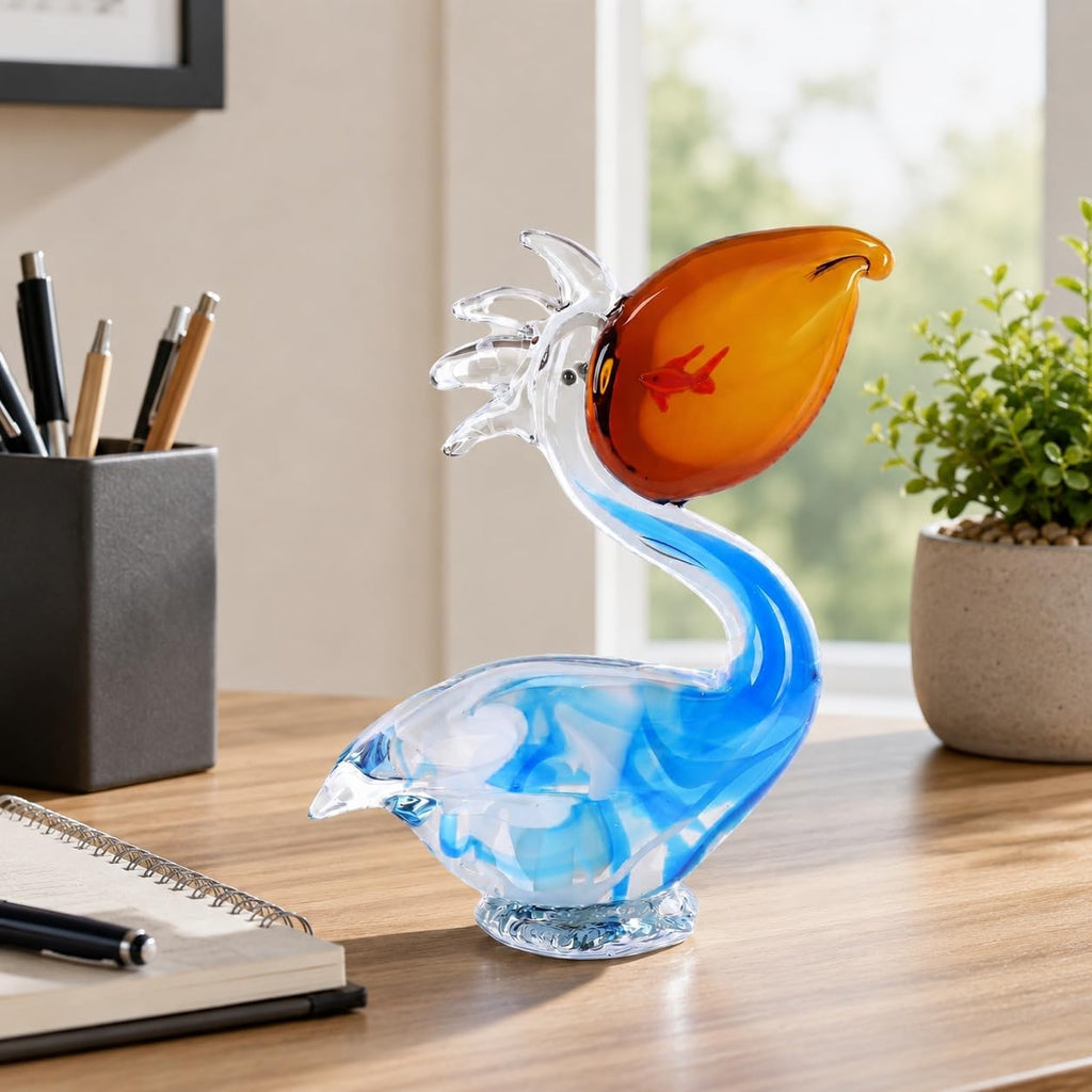Pelican Figurine Hand Blown Glass Bird Sculpture, Pelican Statue Decor with Fish Detail Shelf Tabletop Display