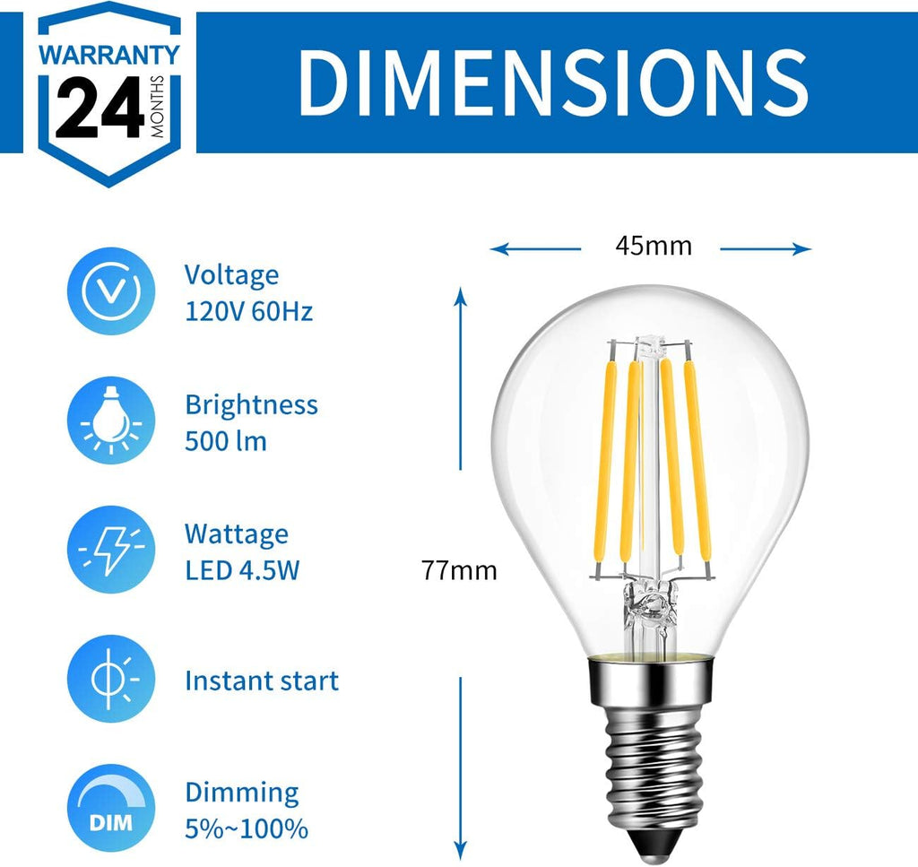 E12 G14 LED Globe Round Light Bulb Dimmable, 4.5W Eqv 60W, 6 Pack