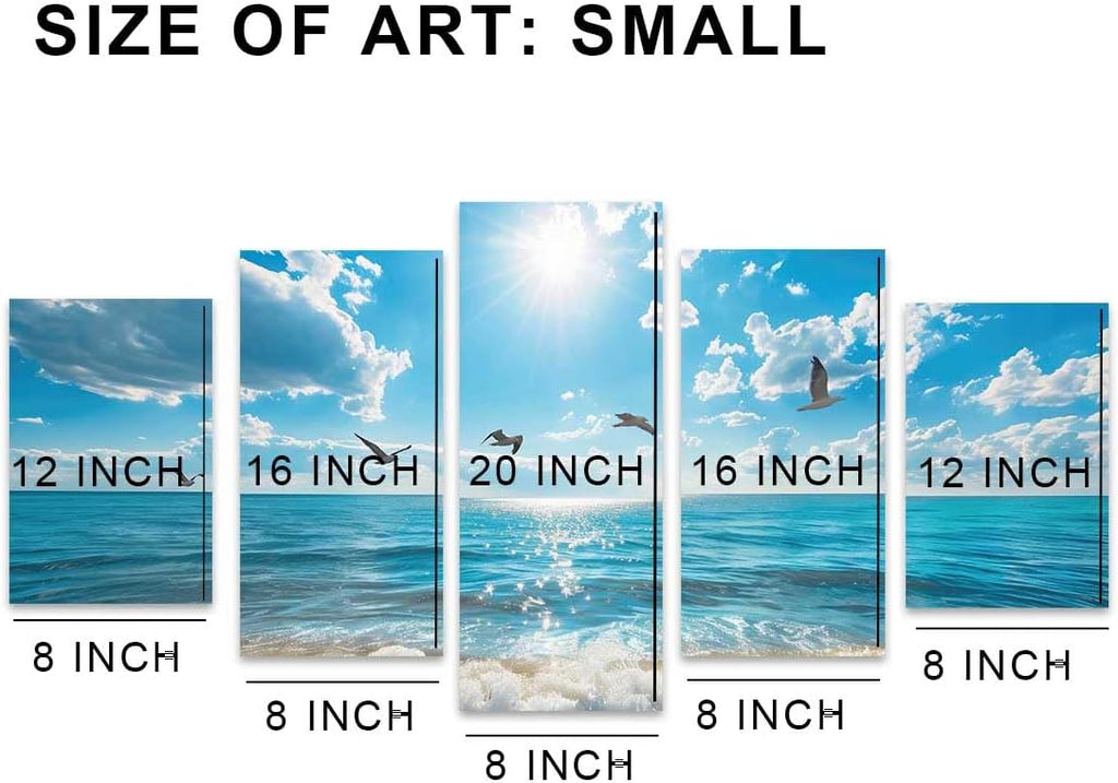 Seascape Canvas Wall Art Prints 5 Pieces Sea Pictures Blue Sky Ocean Wall Decor Living Room Home (Small, Wrapped