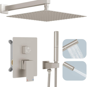 12'' Shower Head Shower Faucet Set Handheld Sprayer Brushed Nickel