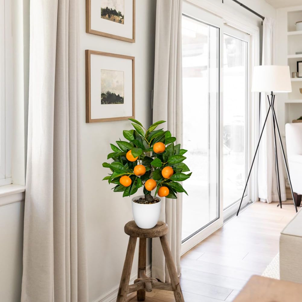 Artificial Potted Plants 16.1 inches Fake Orange Tree Artificial Citrus Fruit Plant with White Pot Faux Plants Indoor