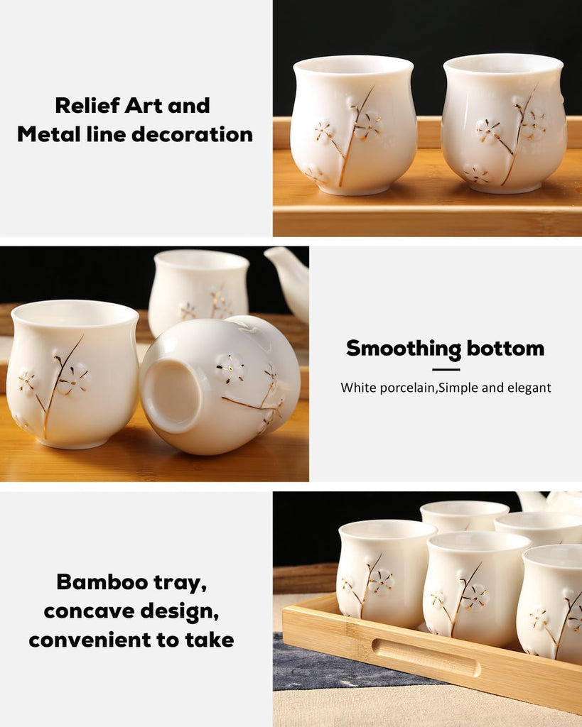 Japanese White Porcelain Tea Set - Teapot, 6 Tea Cups, Tray & Stainless Infuser - Plum in Golden