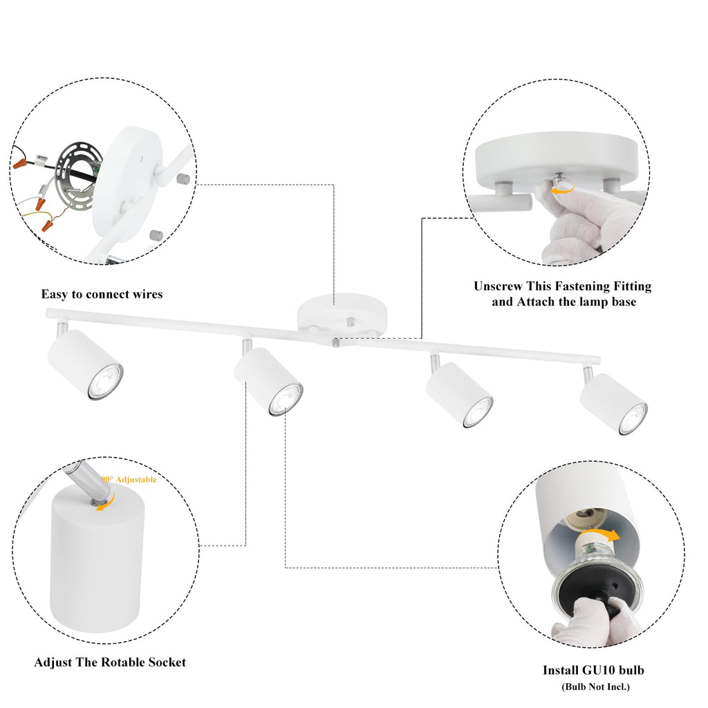 LED 4 Light Track Lighting Kit, White 4 Way Ceiling Spot Lighting, Flexibly Rotatable Light Head, Bulb Not Included