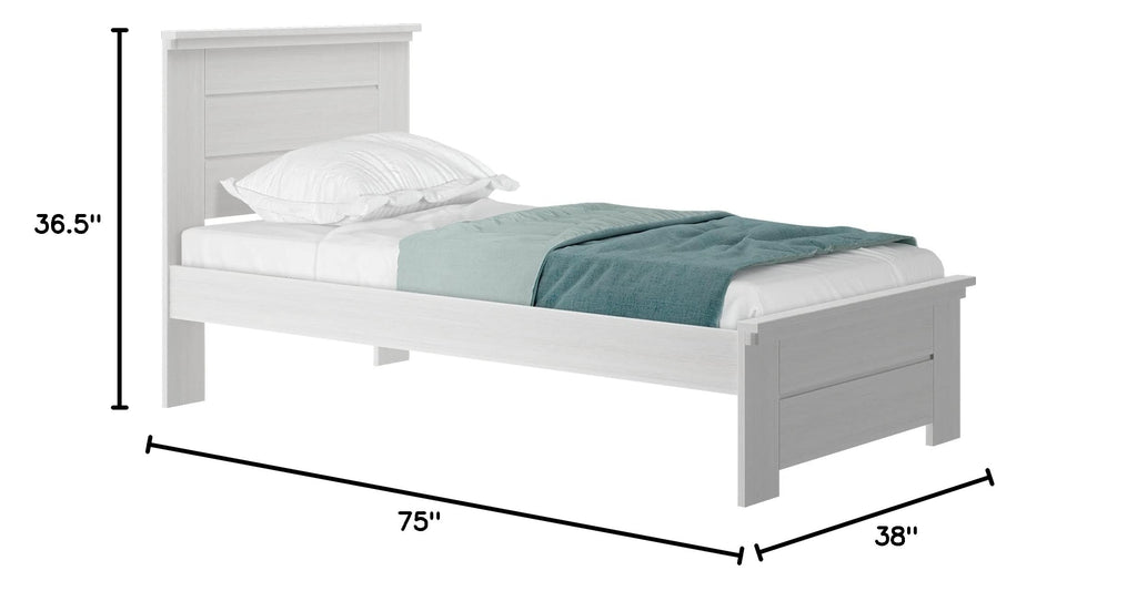Modern Farmhouse Single Bed, Panel Headboard, White Wash