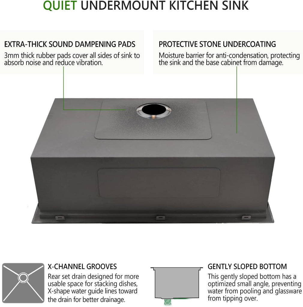 32x19 Black Undermount Kitchen Sink, 32 Inch 16Gauge Black Stainless Steel Undermount Kitchen Sink, Single Bowl
