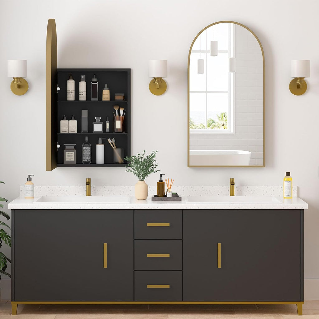 Medicine Cabinets , Brush Gold Arched Medicine Cabinet Recessed or Surface Wall-Mounted,Modern Bathroom Vanity Mirror