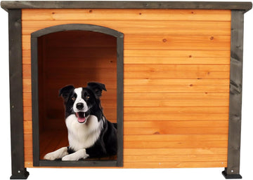 Large Dog Wooden Dog House Outdoor Indoor Weatherproof Solid Wood Kennel, Winter Strap with Elevated Feet