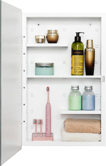 White 16x26 Medicine Cabinet, Beveled Mirror & Adjustable Staggered Shelves | Recessed or Surface Mount Bathroom