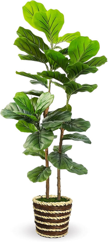 Artificial Fiddle Leaf Fig Tree with Woven Basket,4ft Tall Fake Tree with Natural Wood Trunk Decor, Faux Ficus Tree