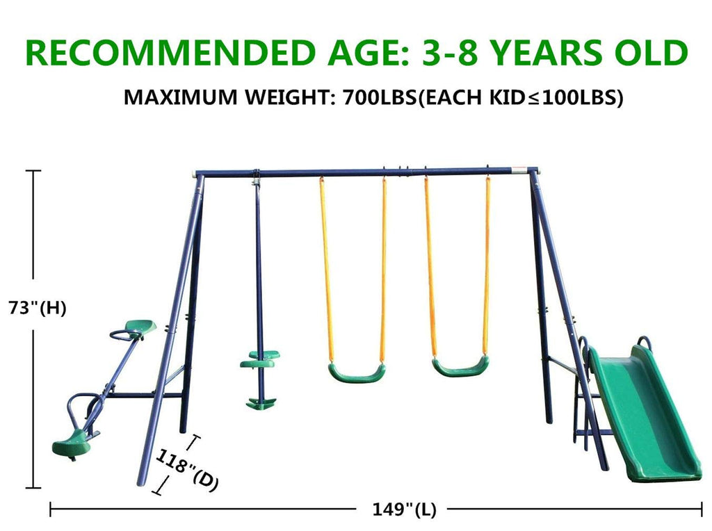 5 in 1 Swing Set for Kids Backyard, Heavy Duty A-Frame Metal Swing Sets with Slide Seesaw Glider Bench Swing Outdoor