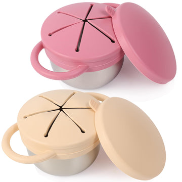 2 Pack Stainless Steel Spill Proof Snack Cup for Baby Toddlers Kids, with Silicone Food Catcher, Travel Lid
