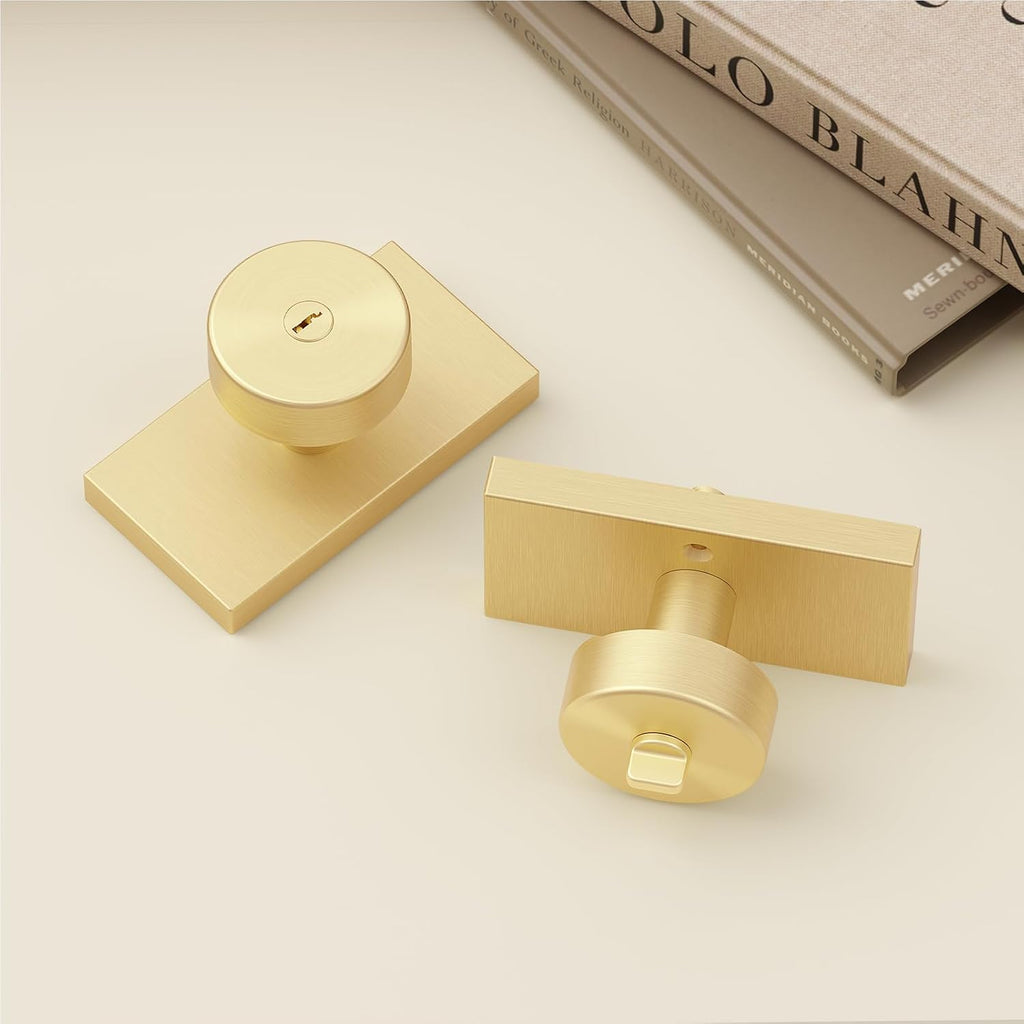 Brushed Gold Brass Exterior Entry Door Knob with Lock and Keys