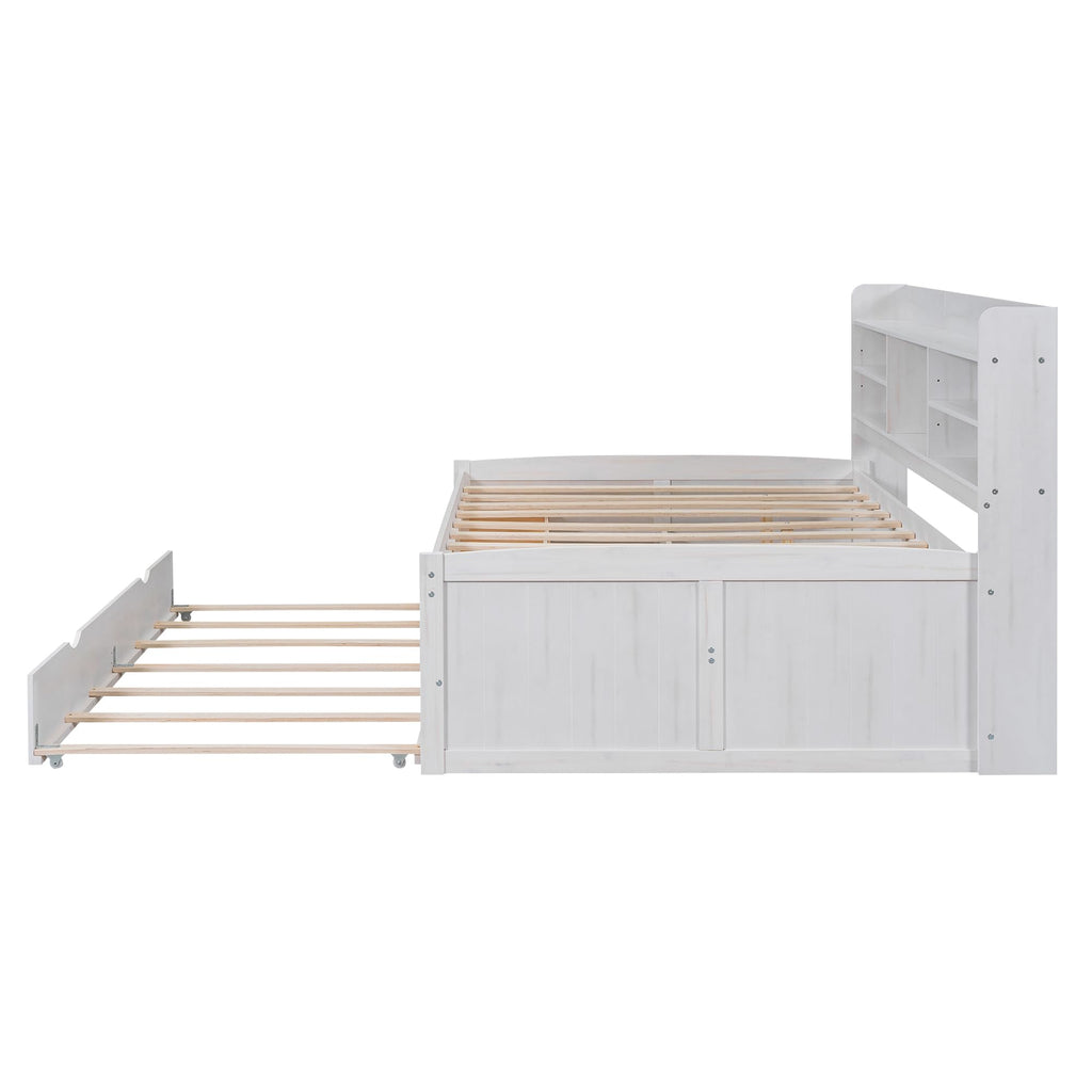 Full Size Daybed, Wooden Captain Bed with Built-in Bookshelves, Full Daybed with 3 Storage Drawers and Trundle, White