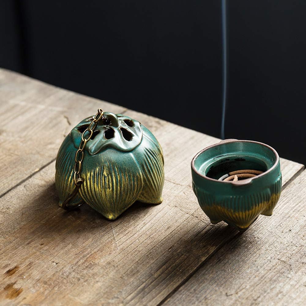 Lotus Furnace Hollow Hanging Ball Incense Burner, Ceramic Backflow Incense Cones and Incense Coil Holder Ornament