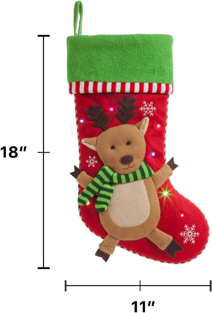 Reindeer with LED Lights and Name Embroidery | 3-D Character Stocking with Colorful Twinkling Lights | Green Cuff