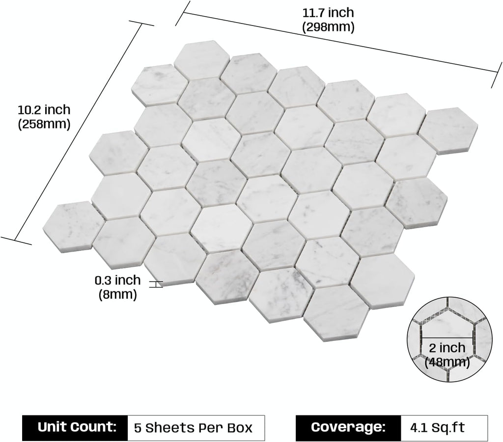 Carrara White Marble Mosaic Tile Bathroom Wall 2" Hexagon 5 Pcs | Water & Heat Resistant Polished Marble Backsplash