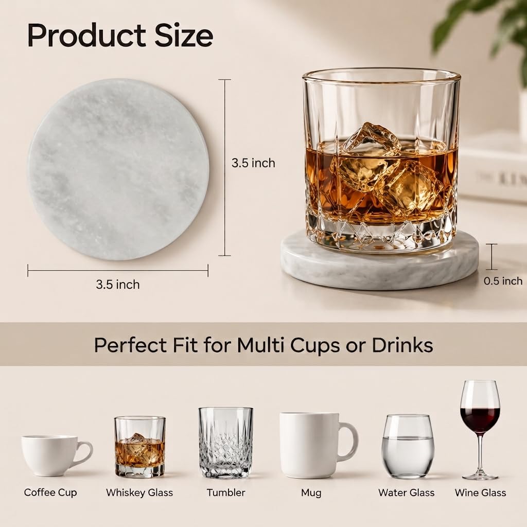 Marble Coasters Set of 6 for Drinks, 3.5 Inch Round Coaster
