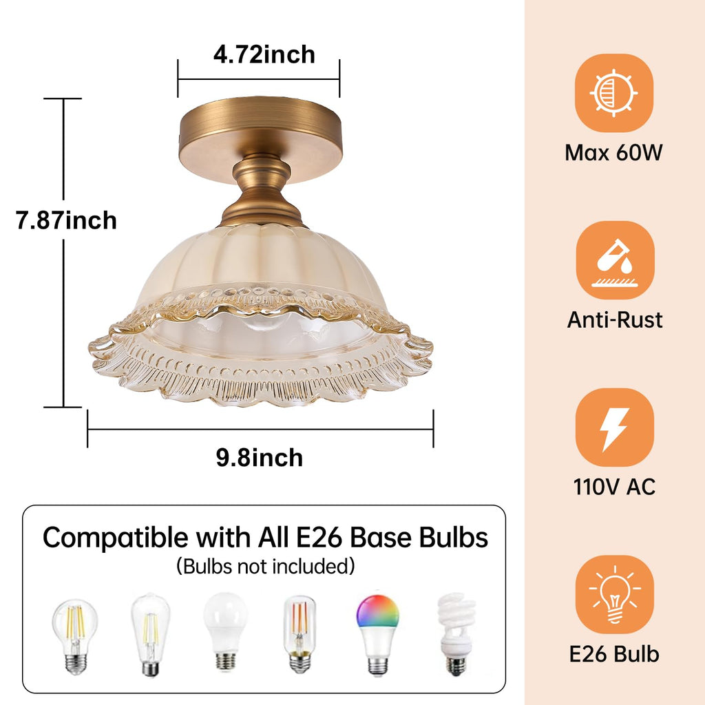 1 Light Brass Ceiling Light Fixture Vintage Close to Ceiling Light