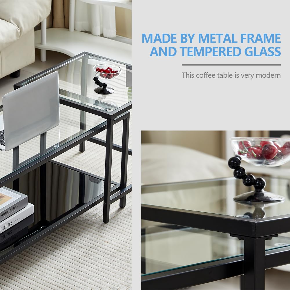 Coffee Nesting Set of 2, Center Coffee Set with Tempered Glass, Modern Side Tables and Nightstand, Black