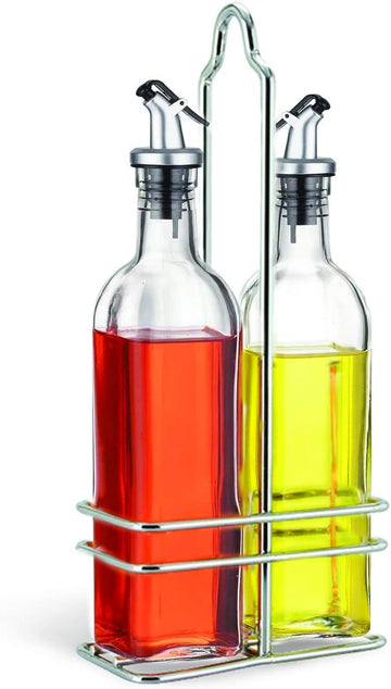 Oil and Vinegar Bottle Cruet Set with Wire Caddy - Set of 2