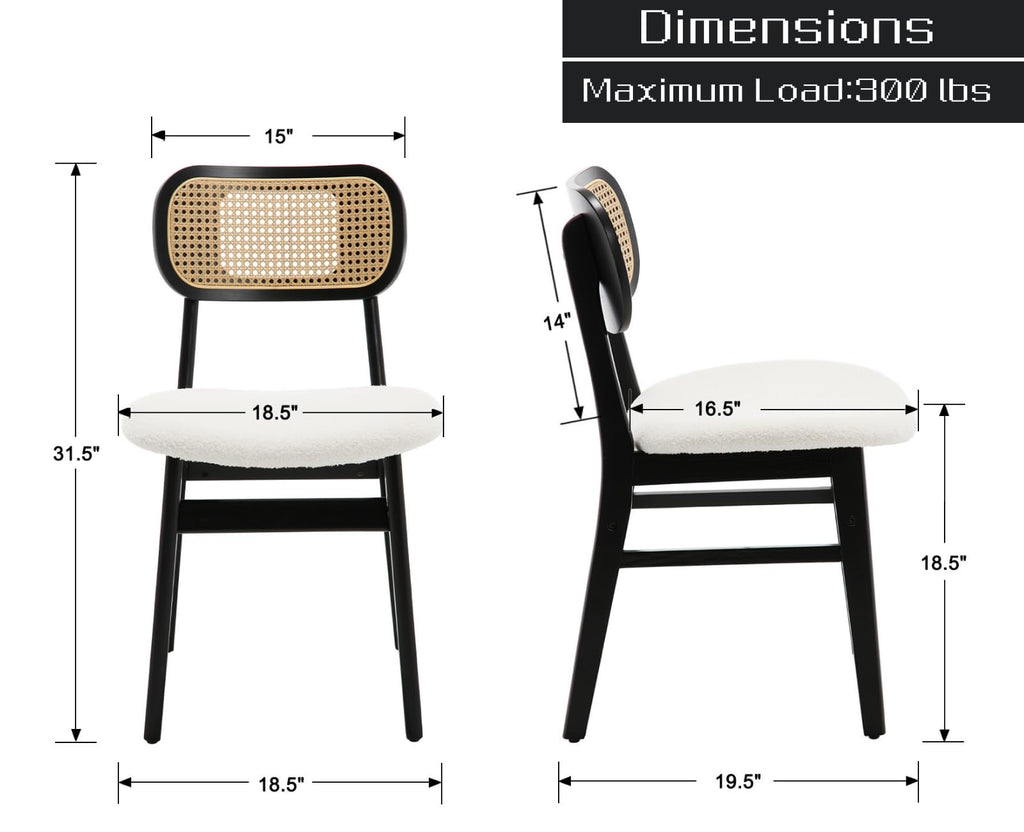 Rattan Dining Chairs Set of 2, Farmhouse Black Wood Dining Room Chairs with Cane Back, Upholstered Modern Sherpa