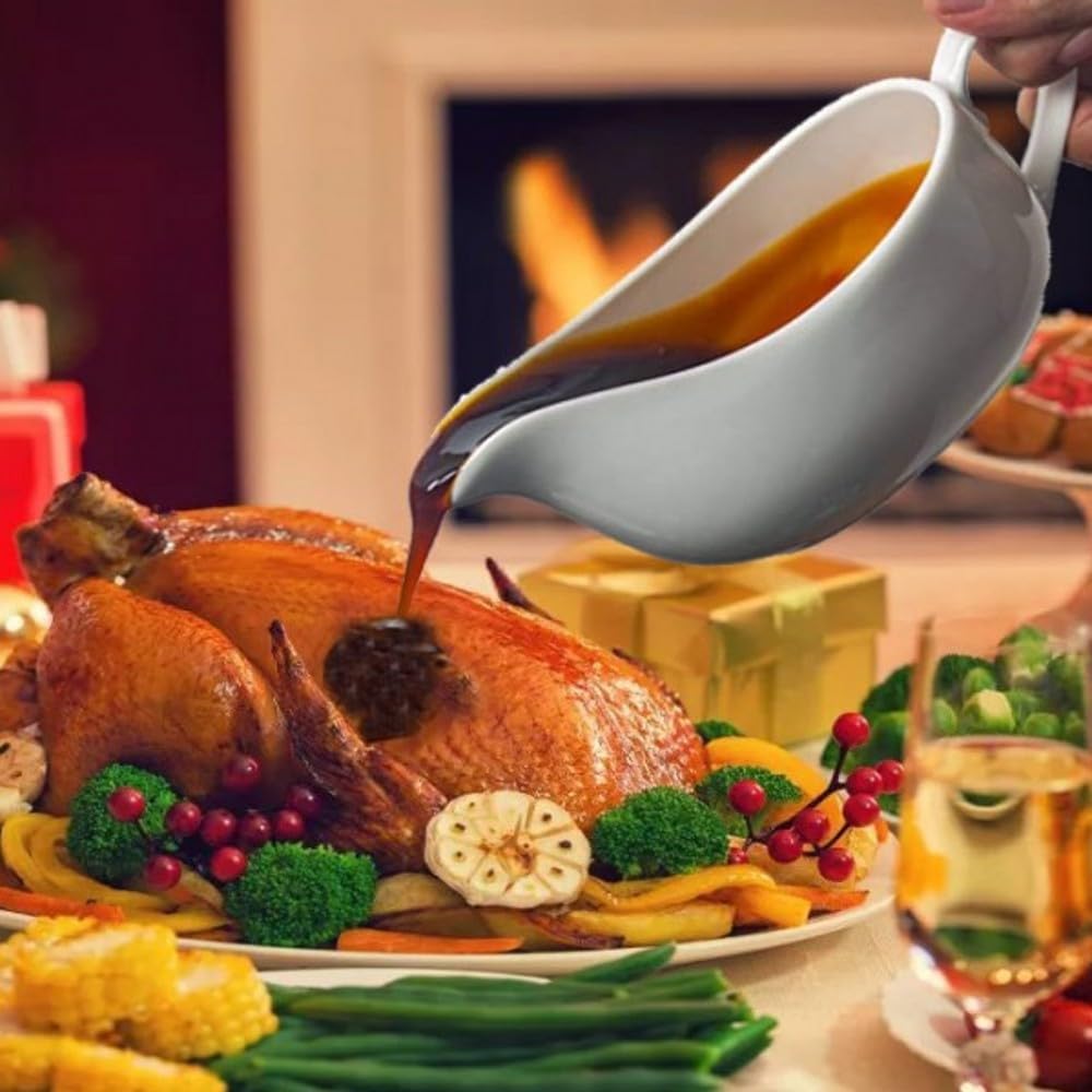 Gravy Boat With Ladle and Saucer 17 Oz, White Ceramic Sauce Boat