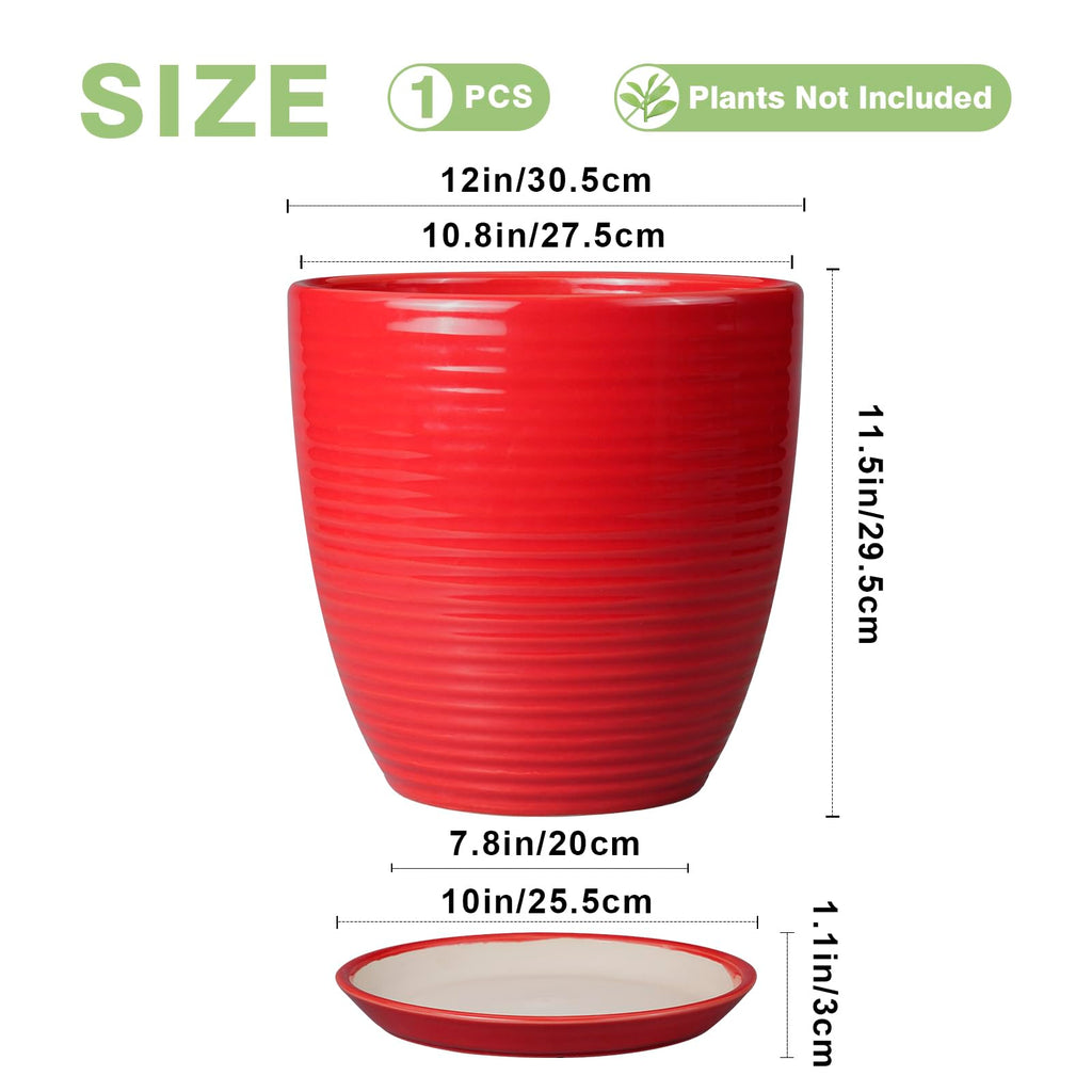 Ceramic Pot for Plants 12 Inch - Plant Pot Indoor with Drainage Hole and Saucer Round Large Planter for Outdoor