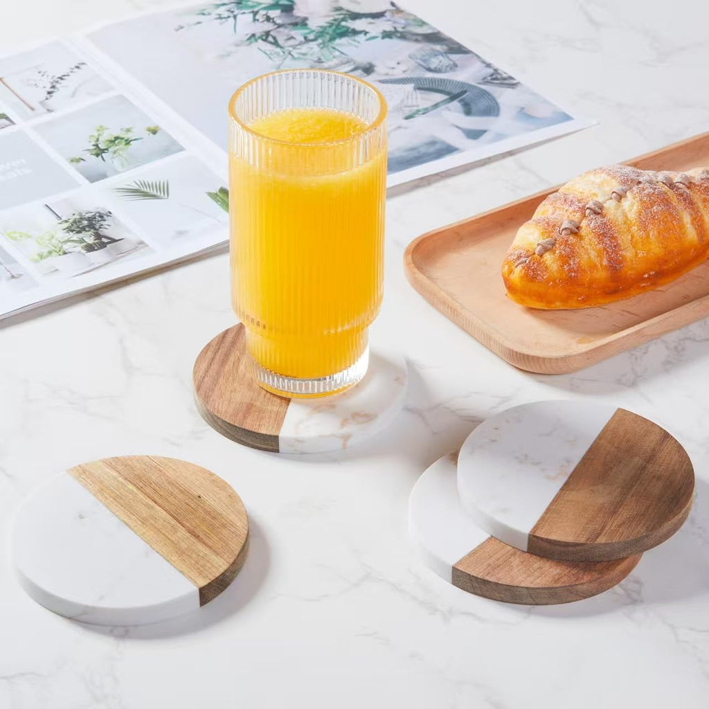 Coasters for Drinks,Marble-Wood Spliced Coaster for Tabletop Protection,Cup Holder Coasters for Multiple Cup - Set of 4