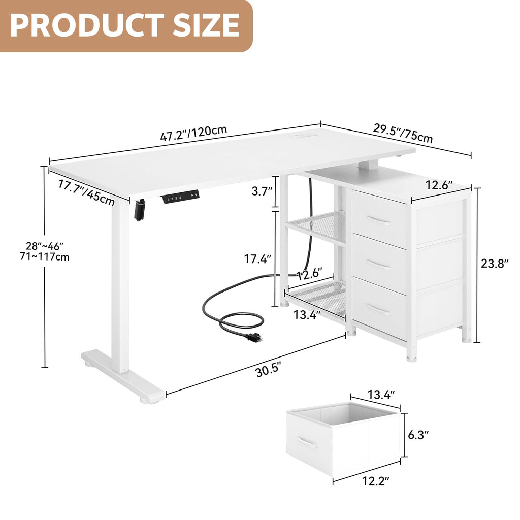 47.2 Inch L Shaped Desk, Electric Standing Desks with 3 Drawers
