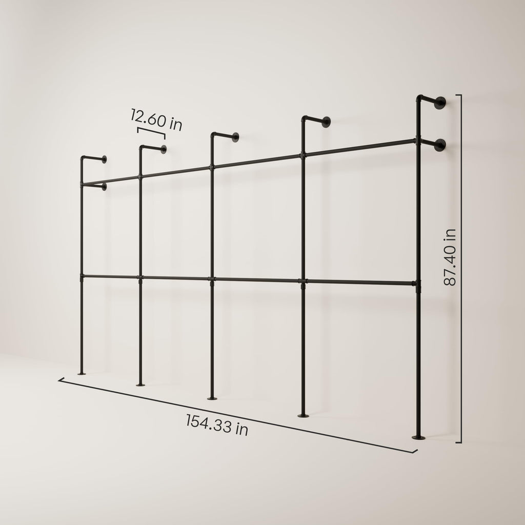 Industrial Clothing Rack Wall Mounted Black - 154" W × 87" H, 1100 lbs