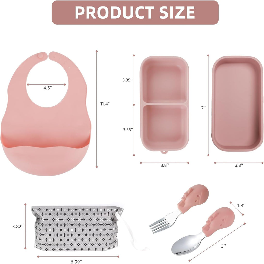 Travel Silicone Baby Feeding Set with 316 Stainless Steel Spoon & Fork,Silicone Suction Plates, Foldable Bib