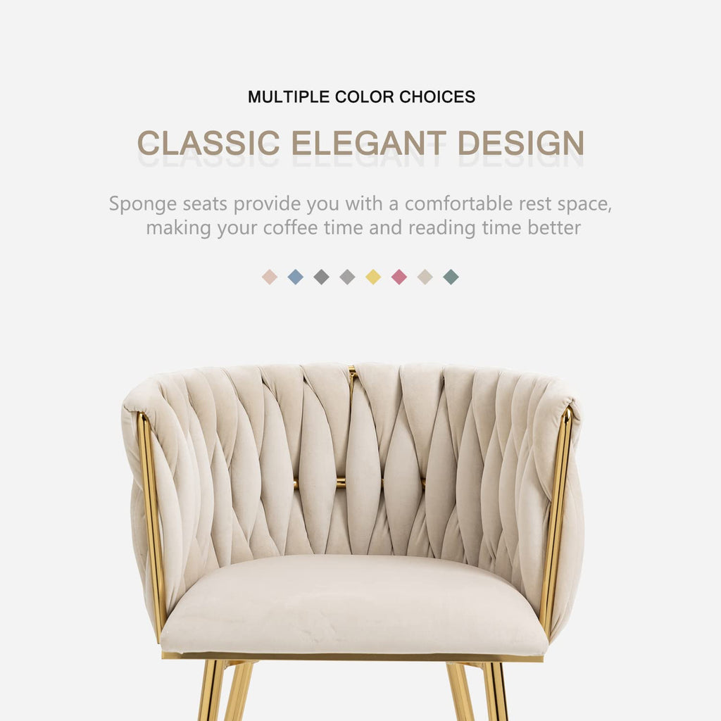 Velvet Dining Chairs Set of 4, Woven Upholstered Dining Chairs with Gold Metal Legs, Modern Accent Chairs