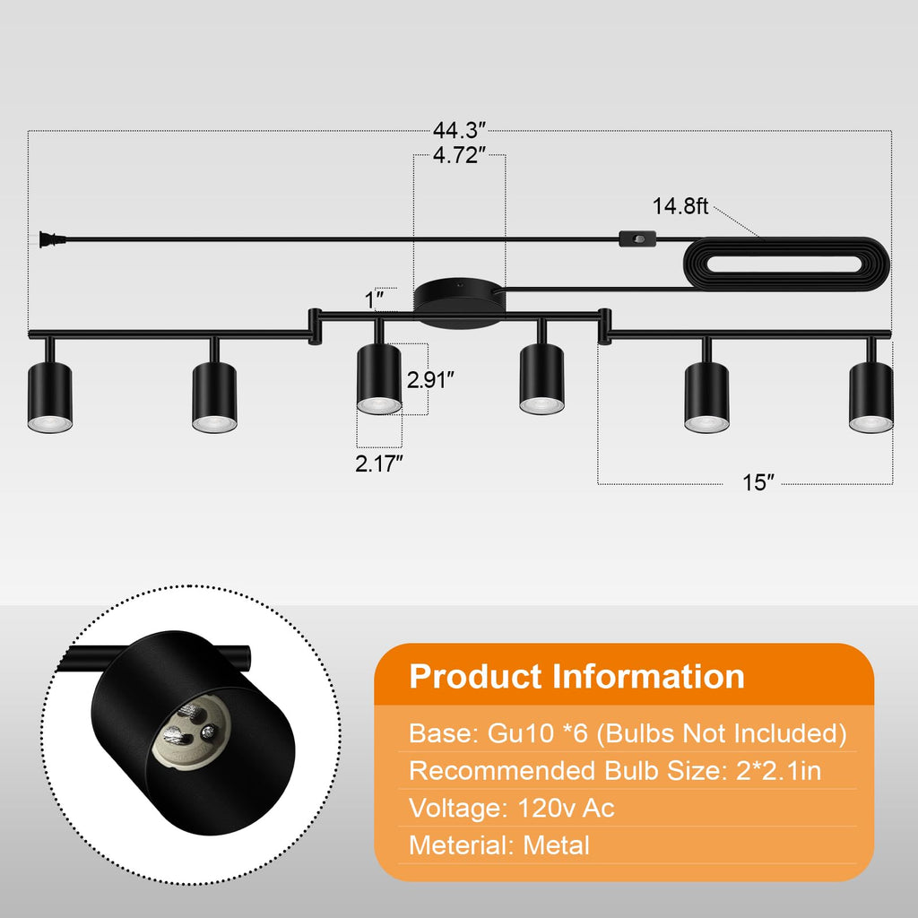 Plug in Track Lighting LED, Track Lighting Fixtures Ceiling, Black 6-Light Kitchen Light Kit, Plug in Wall Light