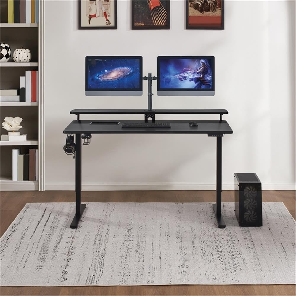 60 Inch Electric Height Adjustable Gaming Desk, Black Carbon Fiber Finish, Hutch with Elevated Monitor Shelf, Steel