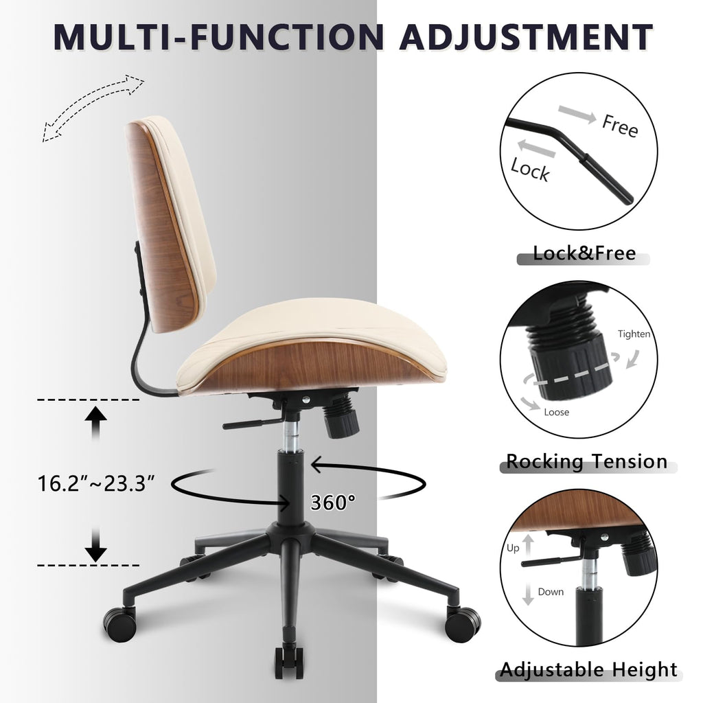 Office Chair No Arms with Wheels, Mid Back Walnut Style, Beige