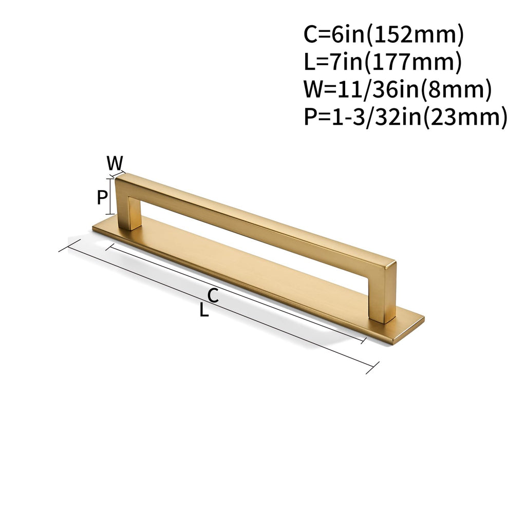 5 Pack 6 Inch Hole Center Brushed Brass Cabinet Pull with Backplate Solid Heavy-Duty Handles with Base Plate Cabinet