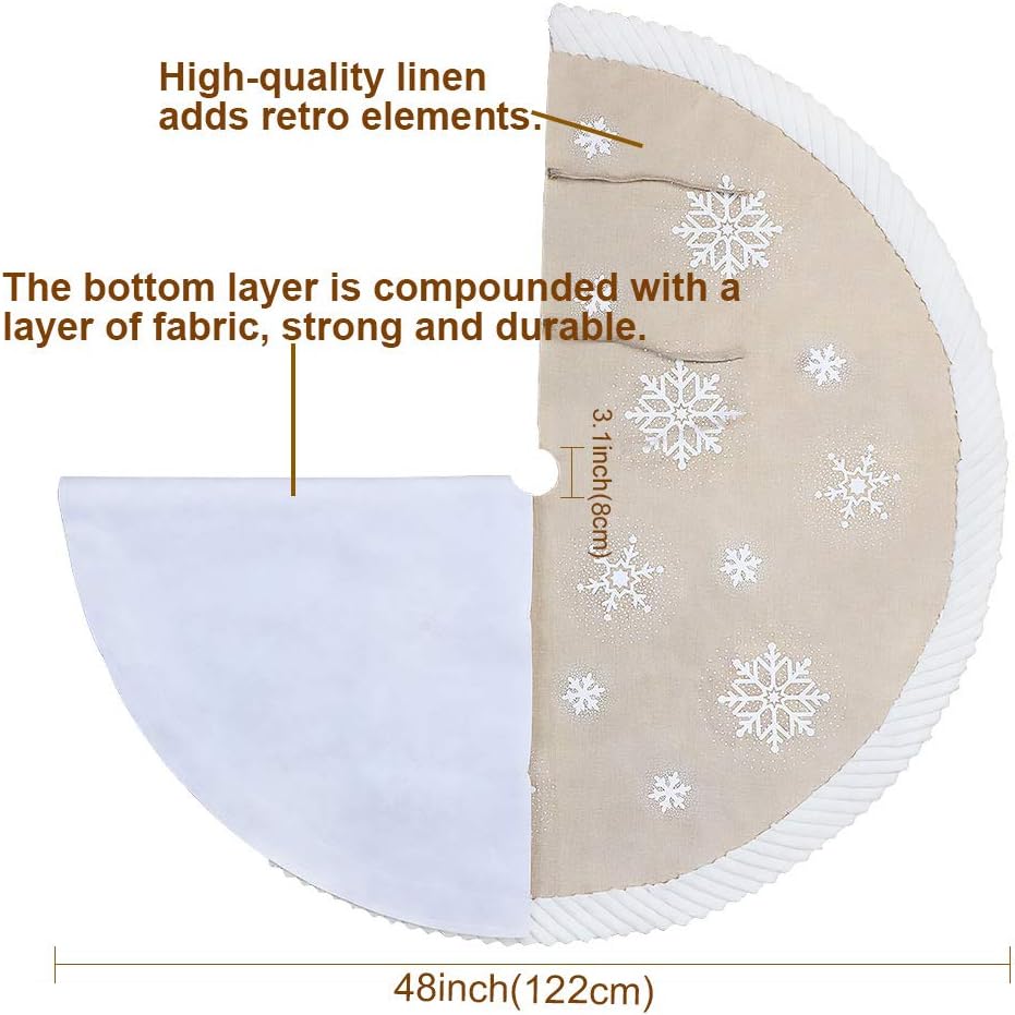 48inch Christmas Tree Skirt with White Snowflake, Burlap Tree Skirt with Fur Sides Farmhouse Christmas Tree Skirts