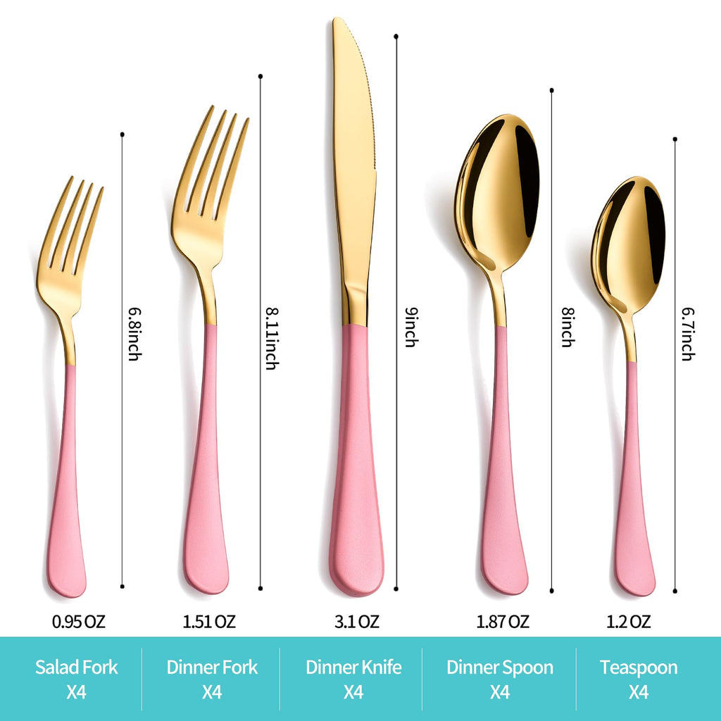 20-Piece Gold & Pink Silverware Set for 4, 18/0 Stainless Steel Flatware Cutlery Utensils Set, Includes Dinner
