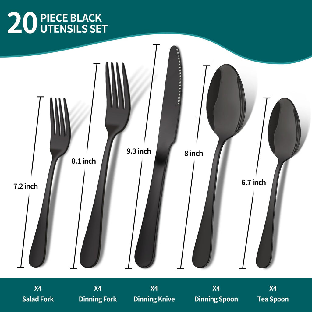 20 Piece Silverware Set, Black Stainless Steel Cutlery Set for 4