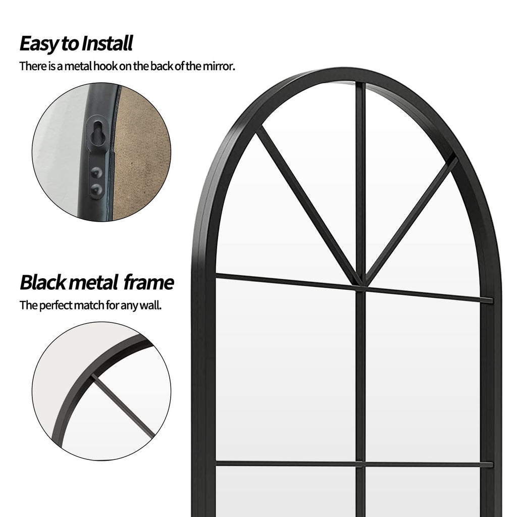 Black Arch Windowpane Mirror, 31.5" x 19.7" Wall Mounted Mirrors