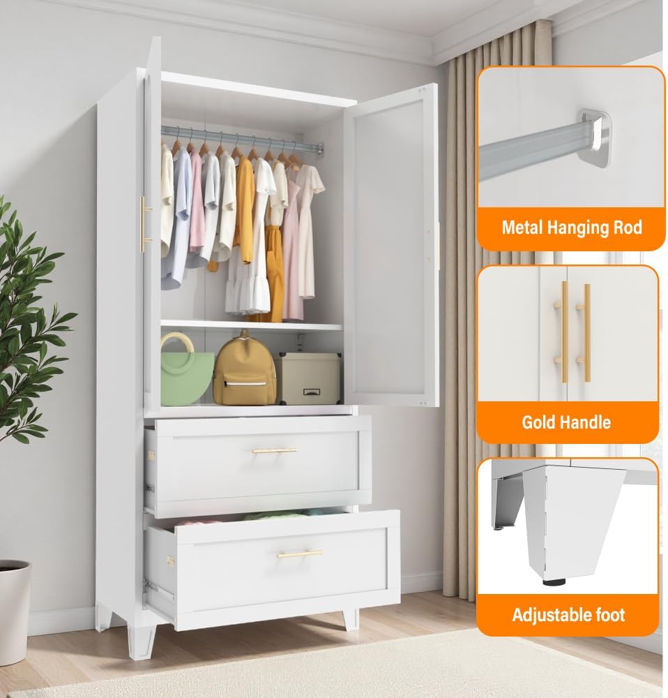 71" Tall Metal Wardrobe Cabinet with 2 Drawers and Hanging Rod, 2 Doors Wardrobe Closet with Shelf (White + Steel)