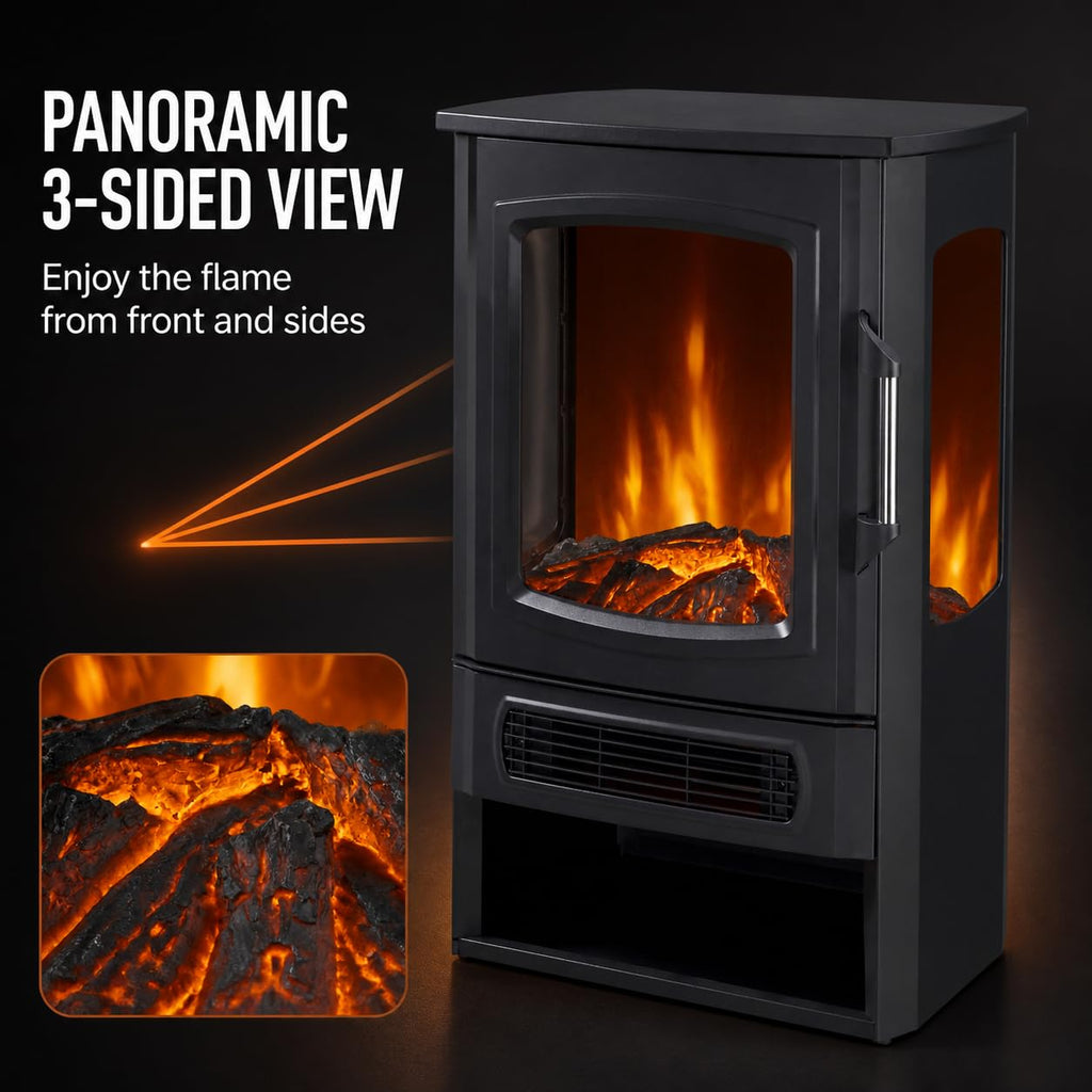 Three-Sided Electric Fireplace with Remote, 2-Stage with Heater, Thermostat & Timer, Iron+Glass+Plastic, Adjustable