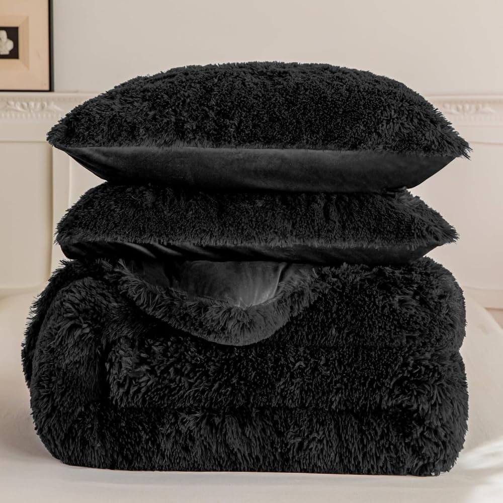 Faux Fur Plush Black Comforter Sets King - Ultra Soft Shaggy Flannel Velvet Fluffy Fuzzy 3PC Bedding Set (Comforter x