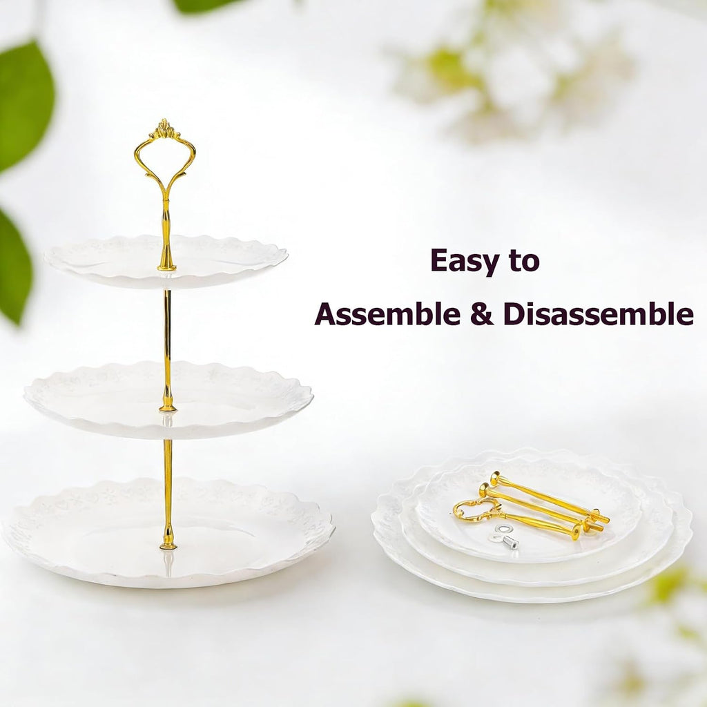 Tiers White Plastic Cupcake Stand Dessert Holder Tiered Serving Trays with 3 Styles Fittings, Party Serving - Set of 3