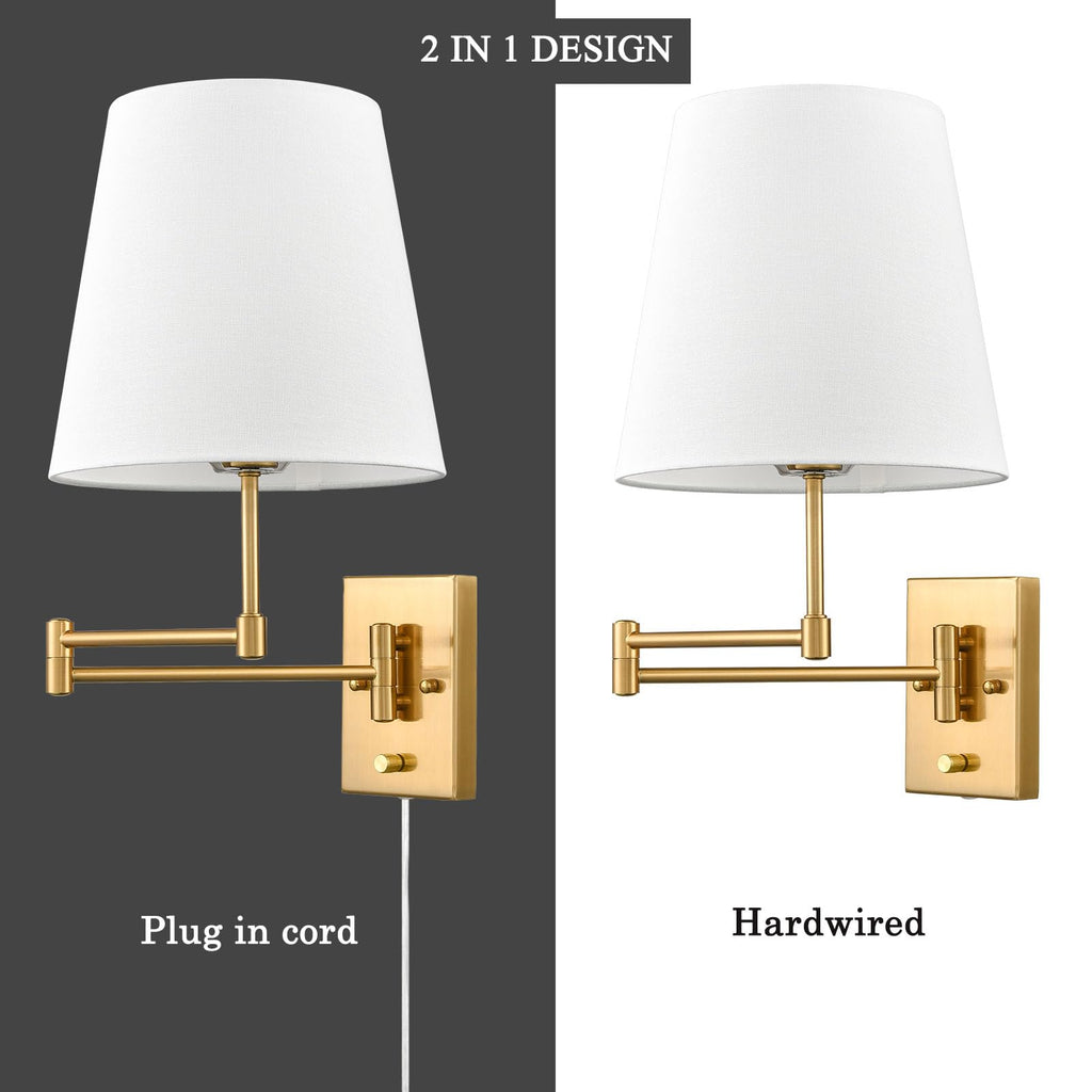 Gold Swing Arm Wall Lamp Brass Wall Sconces with Linen Shade