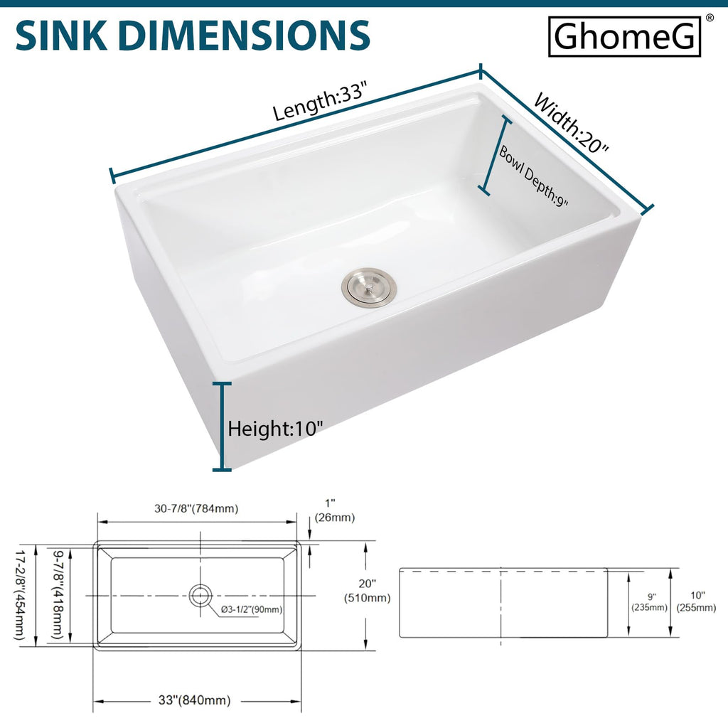 33 Inch White Farmhouse Kitchen Sink Workstation 33x20x10 Inch