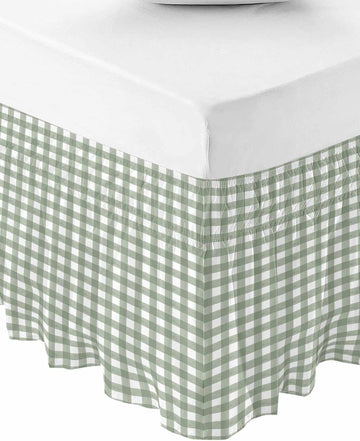 Sage Green Buffalo Plaid Bed Skirt King Size 18 Inch Drop, Adjustable Elastic Bedskirt Dust Ruffle for King Size Bed