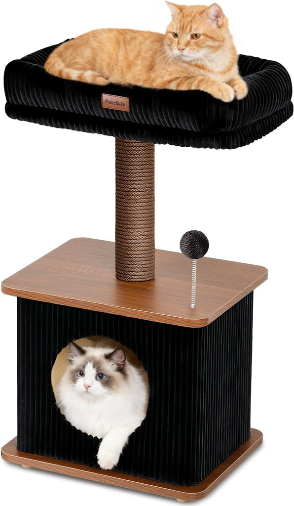 30" Small Cat Tree, Wood Cat Tower with Sisal Scratching Posts